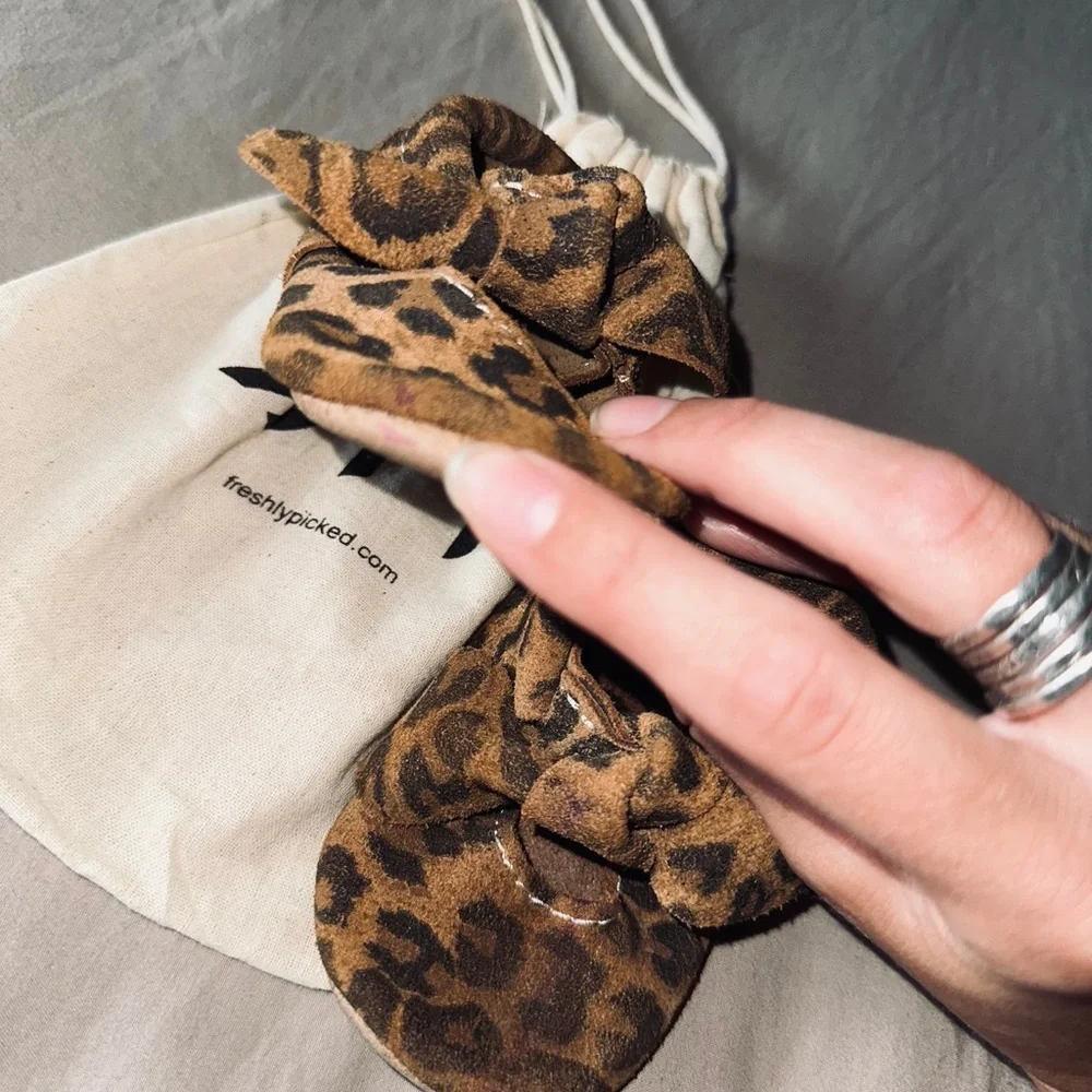 Freshly Picked Leopard Bow Moccs Size 3 FP Printed Suede Soft Sole Mary Jane